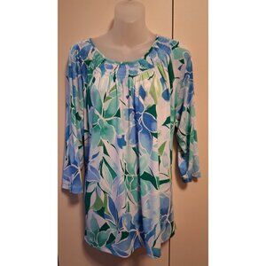 Susan Graver L Artsy Blue Green Liquid Knit Peasant Tunic Top Blouse Elastic
